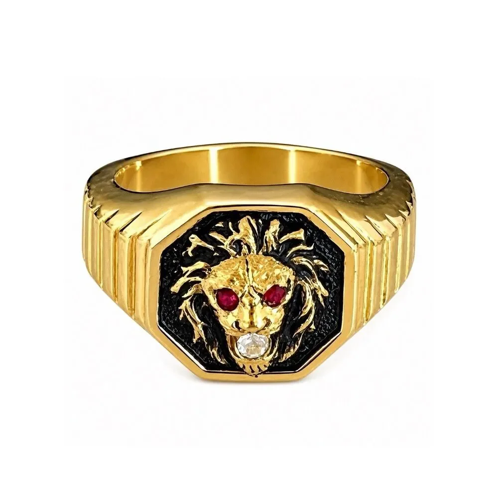 Vintage 1970s Ring Size 12 Clark Coombs Lions Head Crystal Eyes Gold Plate - 14P